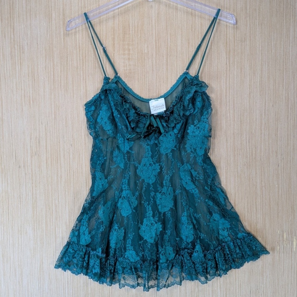 Intimate Moods Floral Lace Babydoll Top Sheer Ruffle Camisole Size S Teal Green